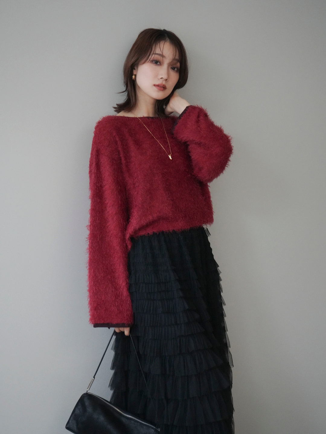 [予約]バイカラー2WAYシャギーニットカーディガン/red