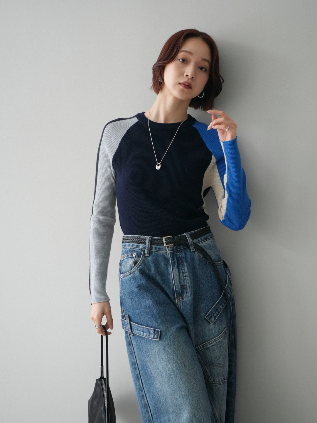 [SET]バイカラーラグランニットトップス+選べるアクセセット(2set)