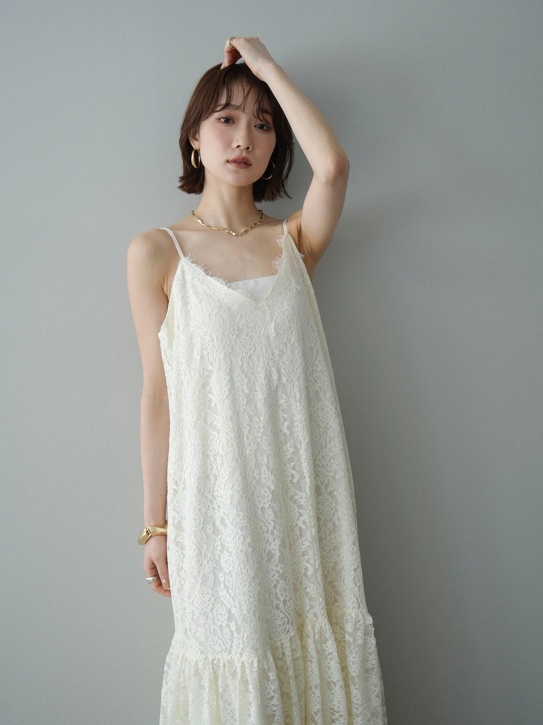 [SET]ギャザー切替レースキャミワンピース+選べるアクセセット(2set)