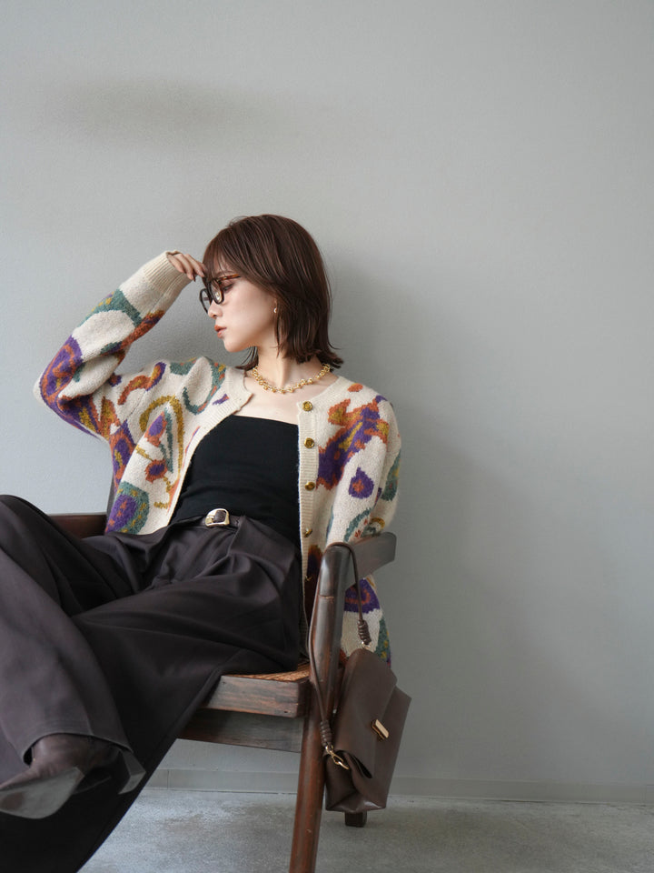 [SET]ミックスヤーンペイズリー柄ニットカーディガン+ベルトループデザインワイドパンツ(2set)