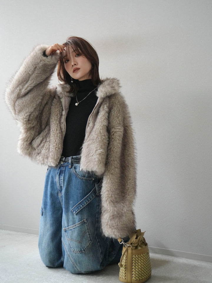 [予約]フェイクファーショートZIPジャケット/beigemix