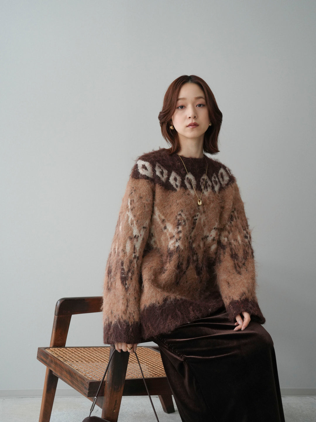 [SET]シャギーニュアンス柄ニットプルオーバー+ギャザーベロアスカート(2set)