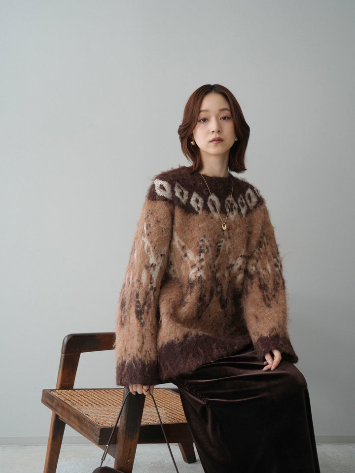 [SET]シャギーニュアンス柄ニットプルオーバー+ギャザーベロアスカート(2set)