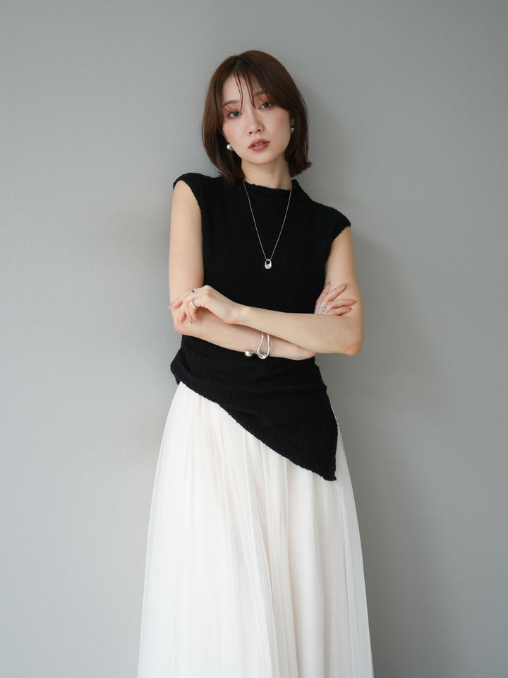 [SET]ブークレアシメニットノースリーブトップス+チュールボリュームスカート(2set)