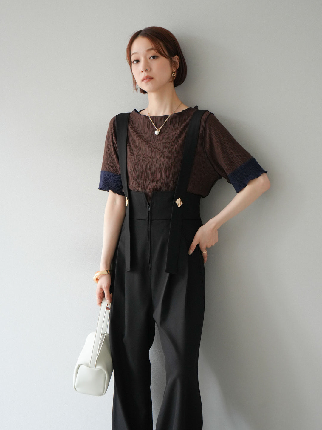 [SET]プリーツ配色ボートネックプルオーバー+ゴールドボタンサスペンダーワイドパンツ(2set)
