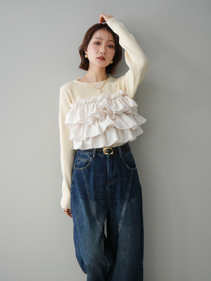 [SET]フリルビスチェドッキングスポンジニットプルオーバー+フリルビスチェドッキングスポンジニットプルオーバー(2set)