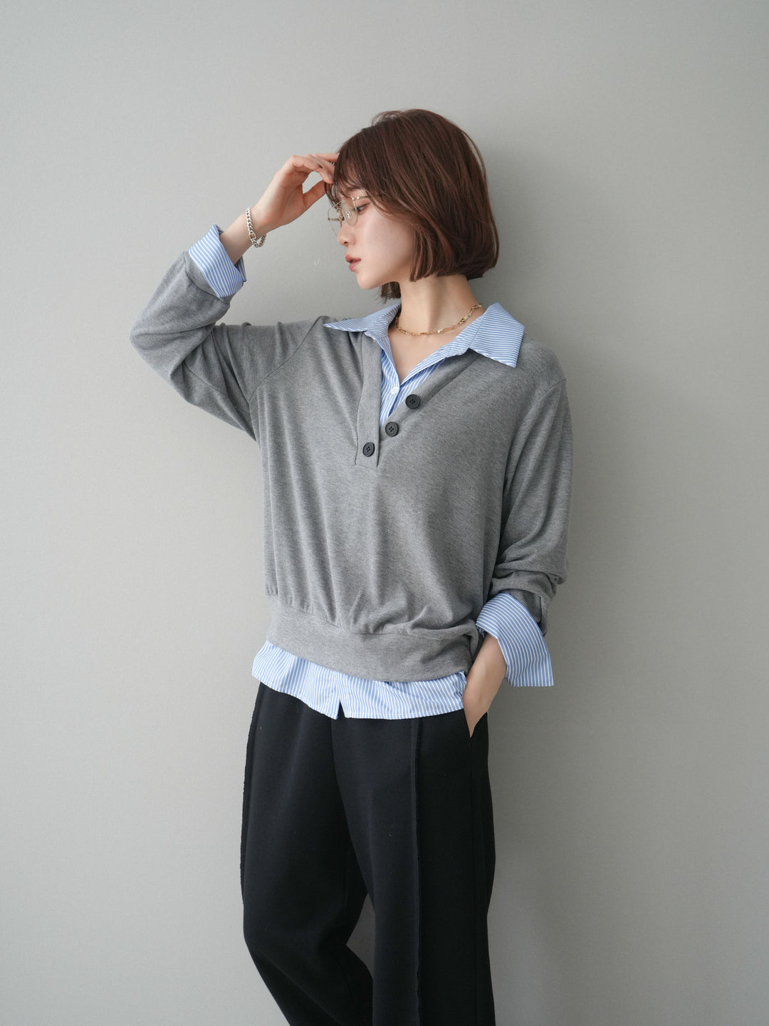 [予約]シャツレイヤードデザインカットプルオーバー/lightgray