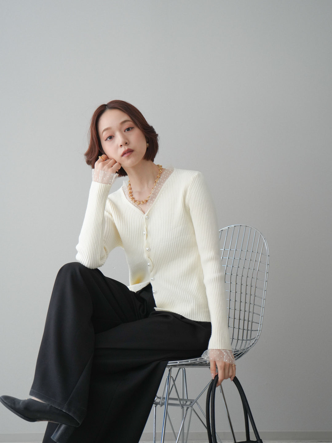 [SET]チュールドッキングパールボタンニットカーディガン+選べるアクセセット(2set)