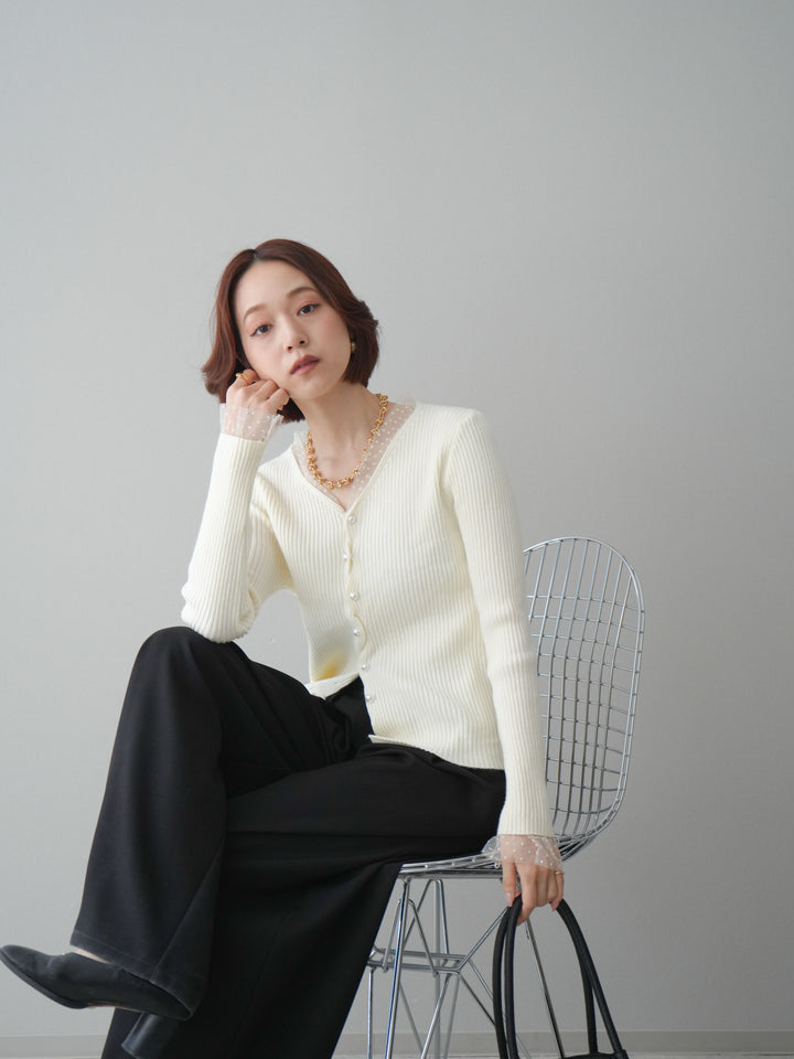 [SET]チュールドッキングパールボタンニットカーディガン+選べるアクセセット(2set)