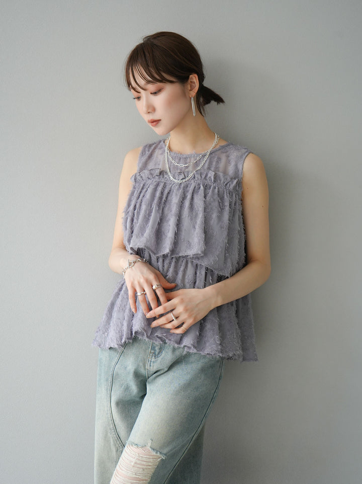 [Pre-order] Sheer jacquard ruffle sleeveless blouse/gray