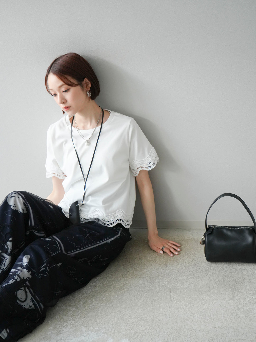 [SET]レース切替カットソー+コード刺繍チュールレイヤードパンツ(2set)