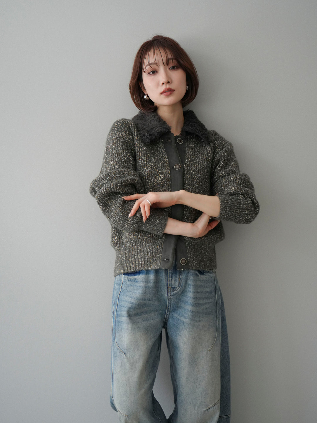 [予約]襟ボアミックスヤーンニットカーディガン/gray
