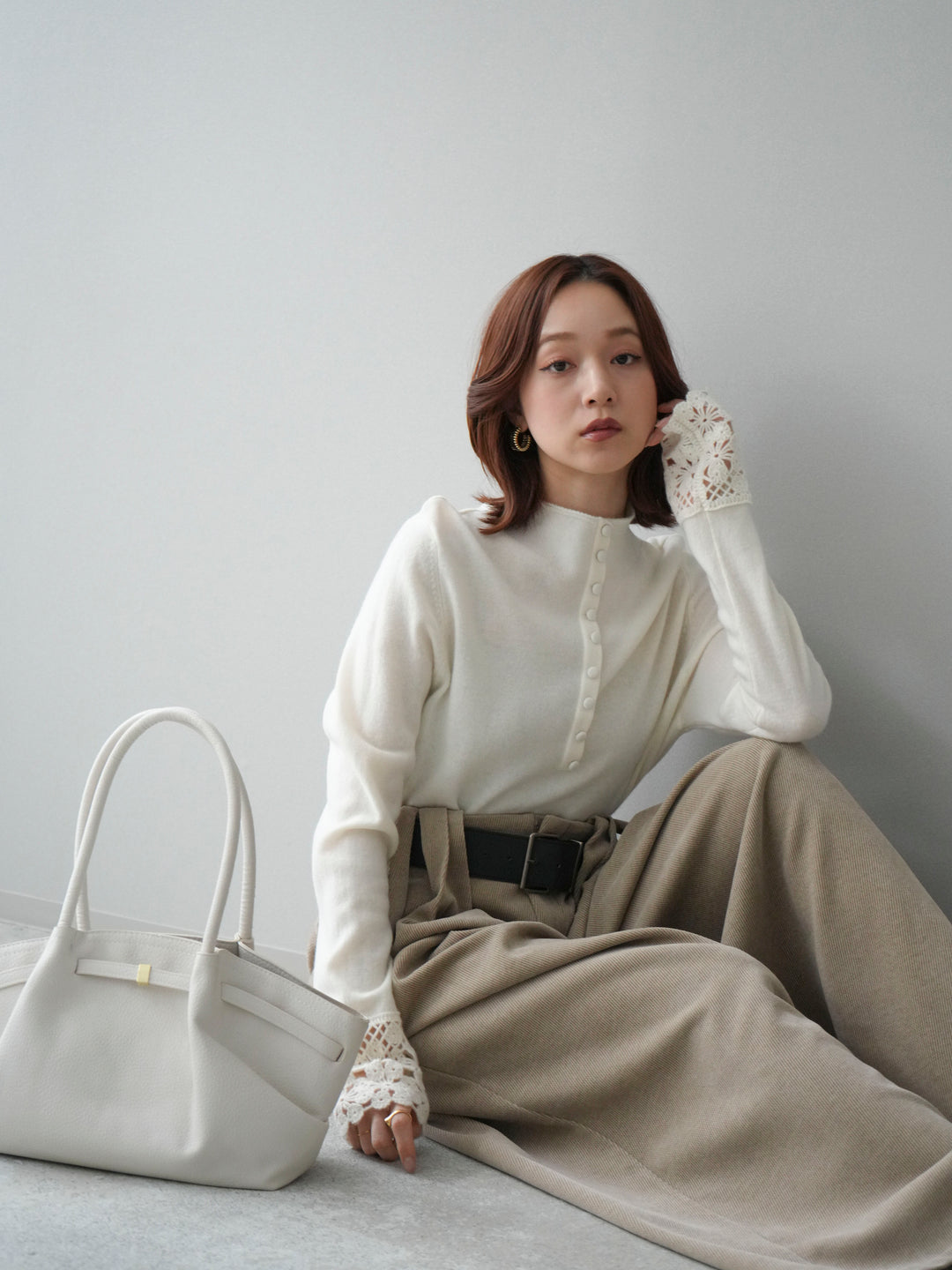 [SET]袖スカラップレースフロントボタンウールニットトップス+ベルトデザインループコールテンワイドパンツ(ベルト付き)(2set)