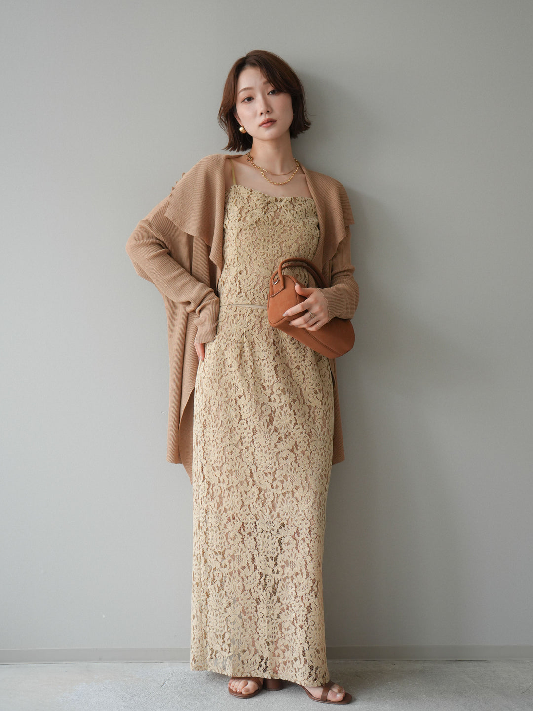 [SET]ドレープリブニットガウン+フルレースキャミ＆IラインスカートSET UP(2set)