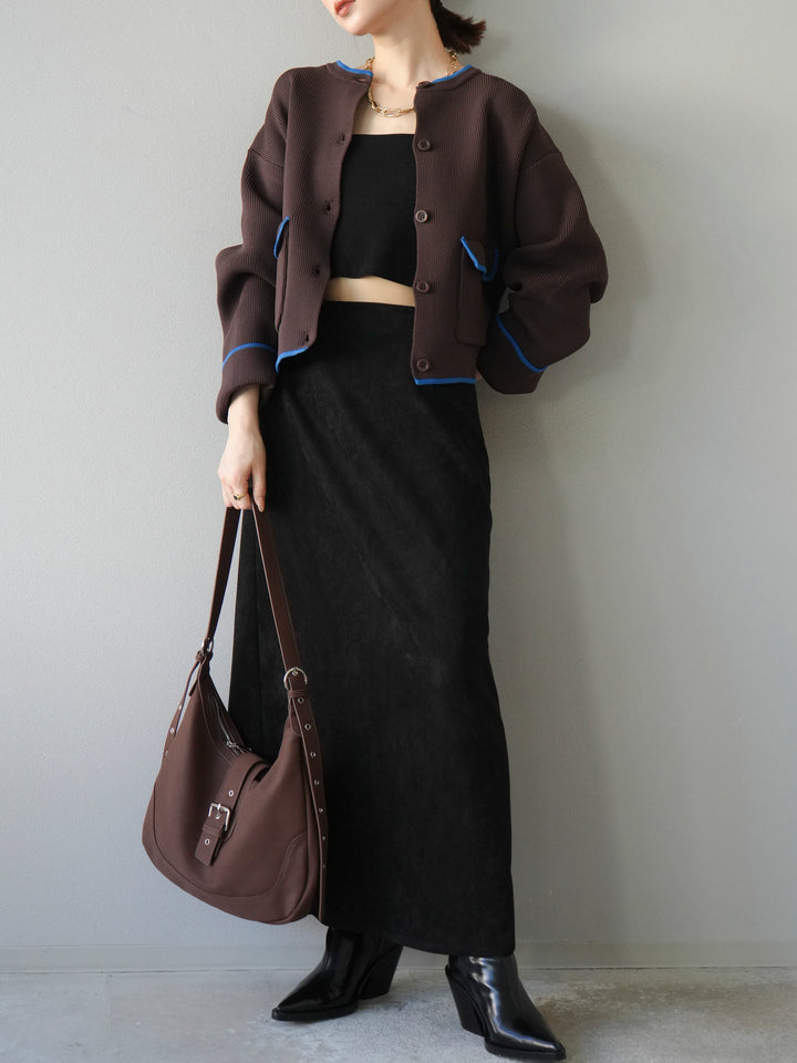 [予約]ポリエステル配色クルーネックカーディガン/ブラウン