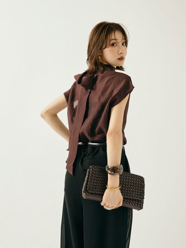 【Allure】[SET]シャイニーシアーブラウス+メッシュタックワイドパンツ(2set)