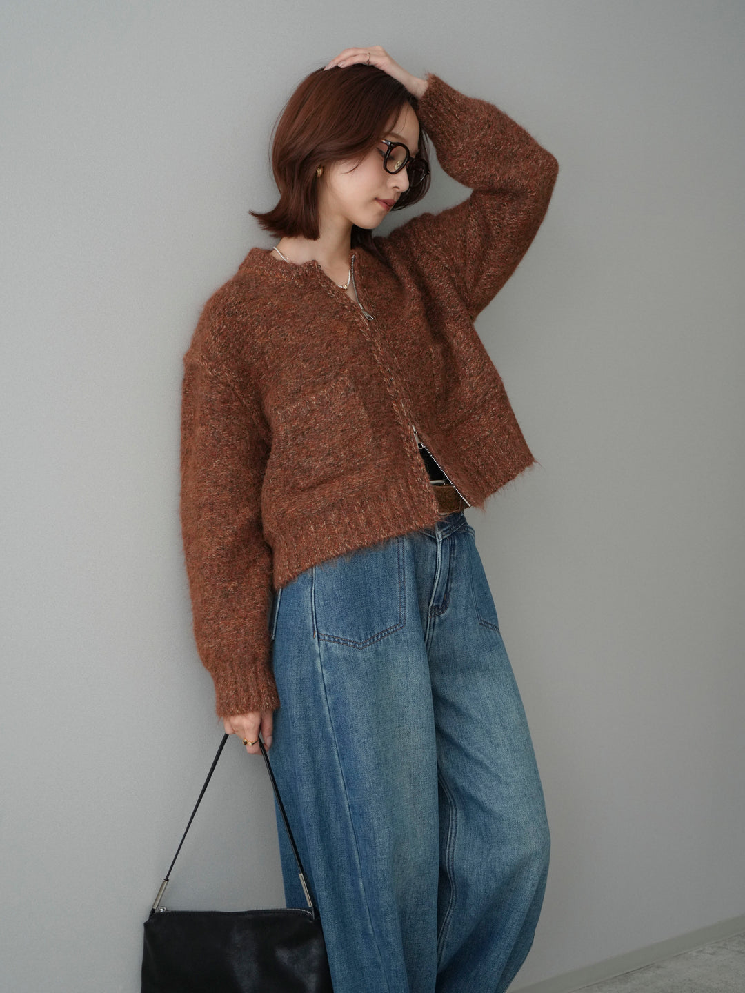 [SET]ミックスヤーンダブルZIPニットカーディガン+ベルト付裏起毛カーブデニムパンツ(2set)