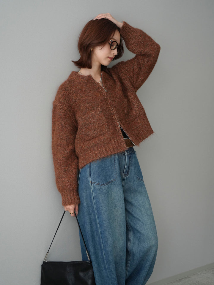 [SET]ミックスヤーンダブルZIPニットカーディガン+ベルト付裏起毛カーブデニムパンツ(2set)