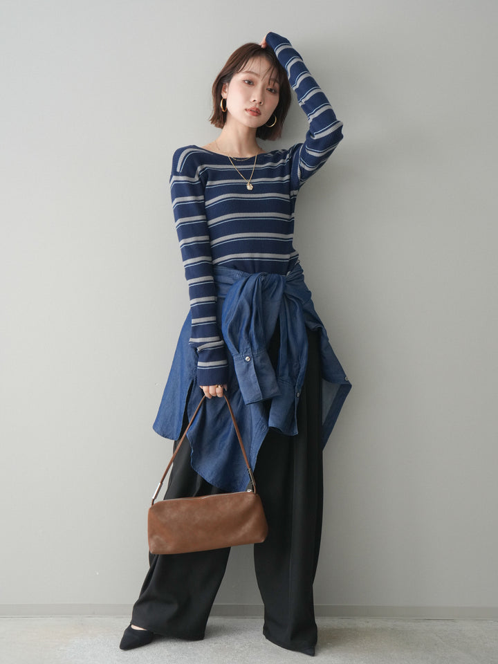 [予約]ウエストバイカラータックワイドパンツ/black