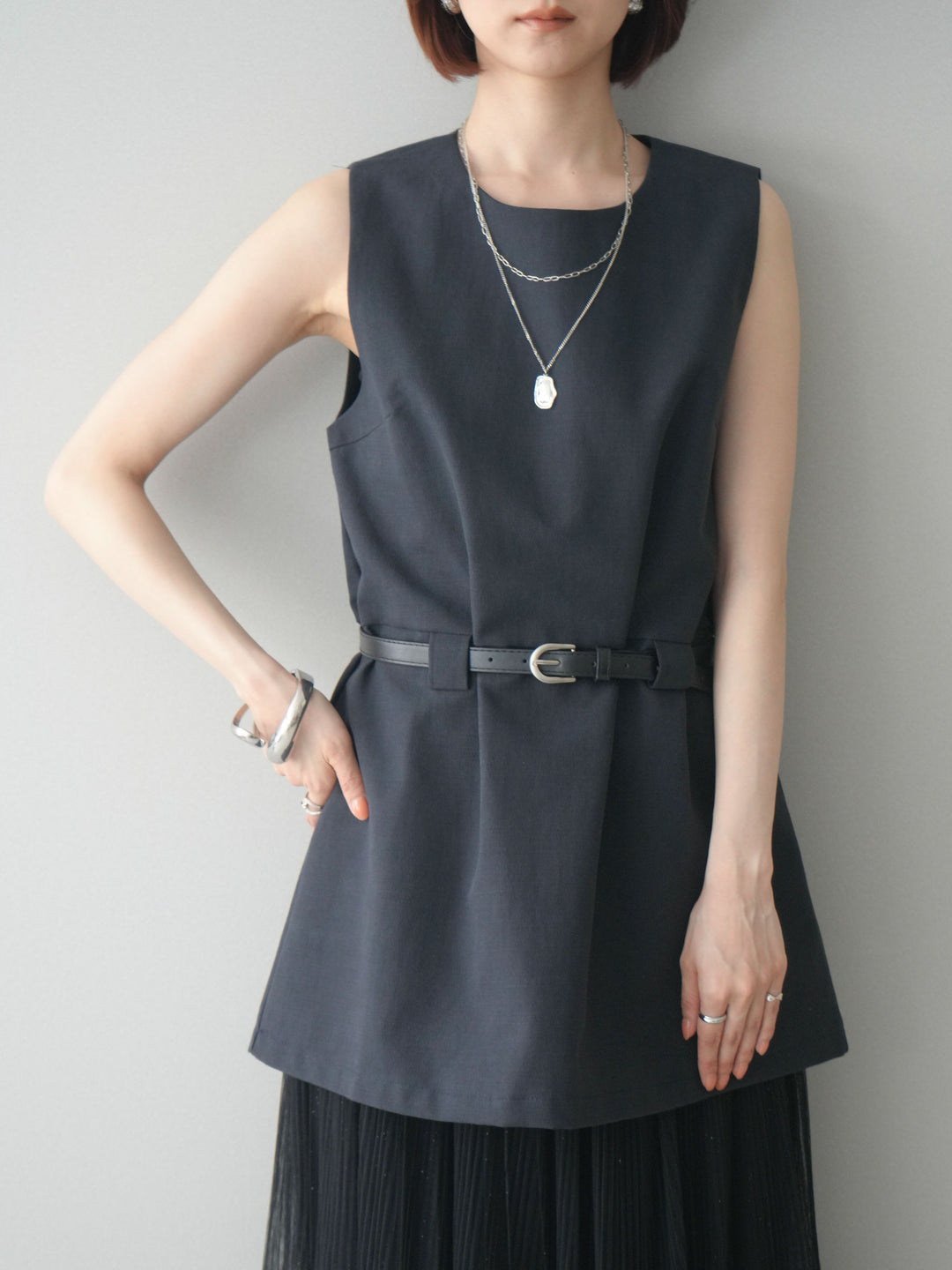 [SET]ベルト付リネンライクノースリチュニック+選べるアクセセット(2set)