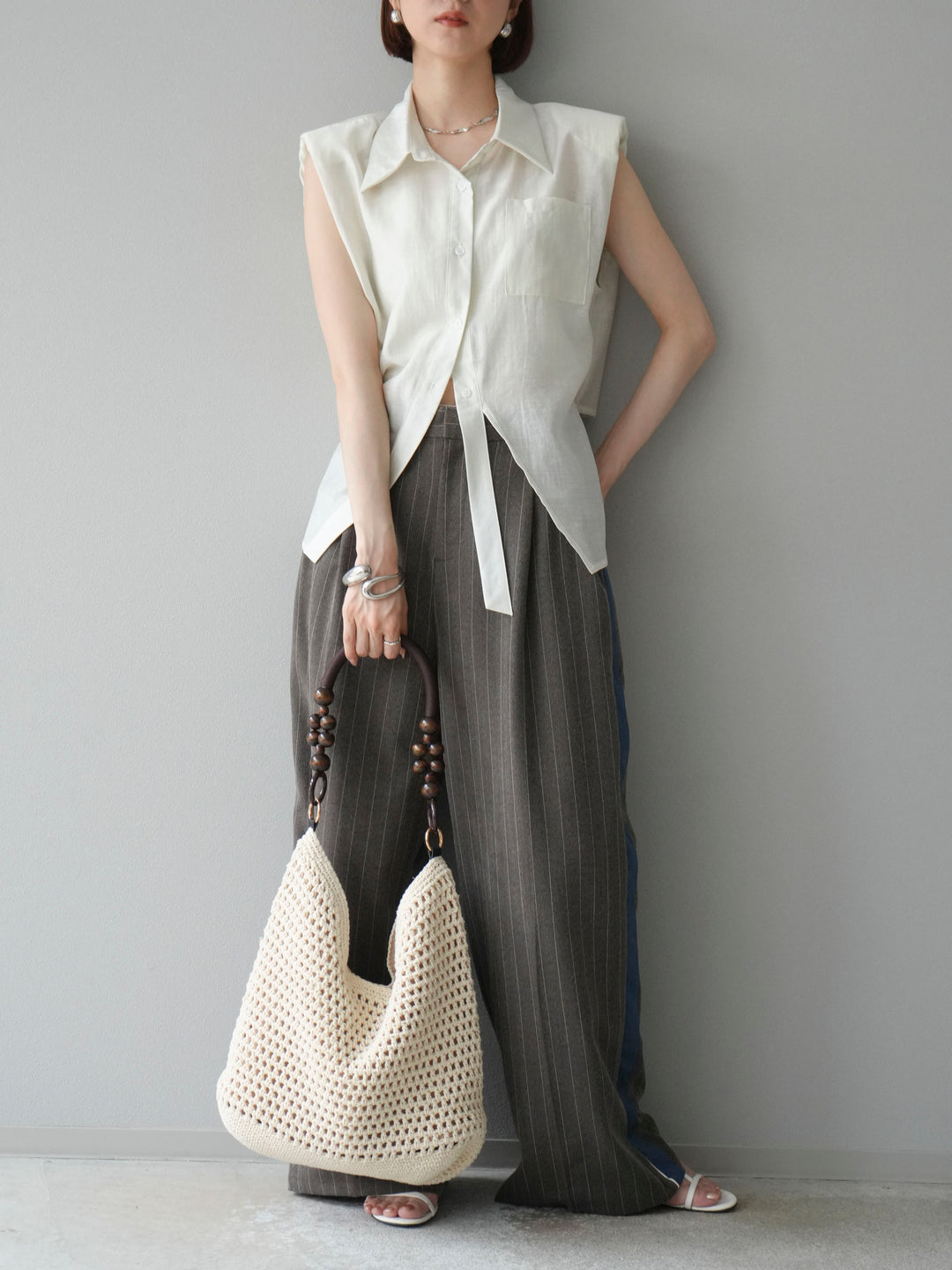 [予約]サイドラインストライプワイドパンツ/ブラウン