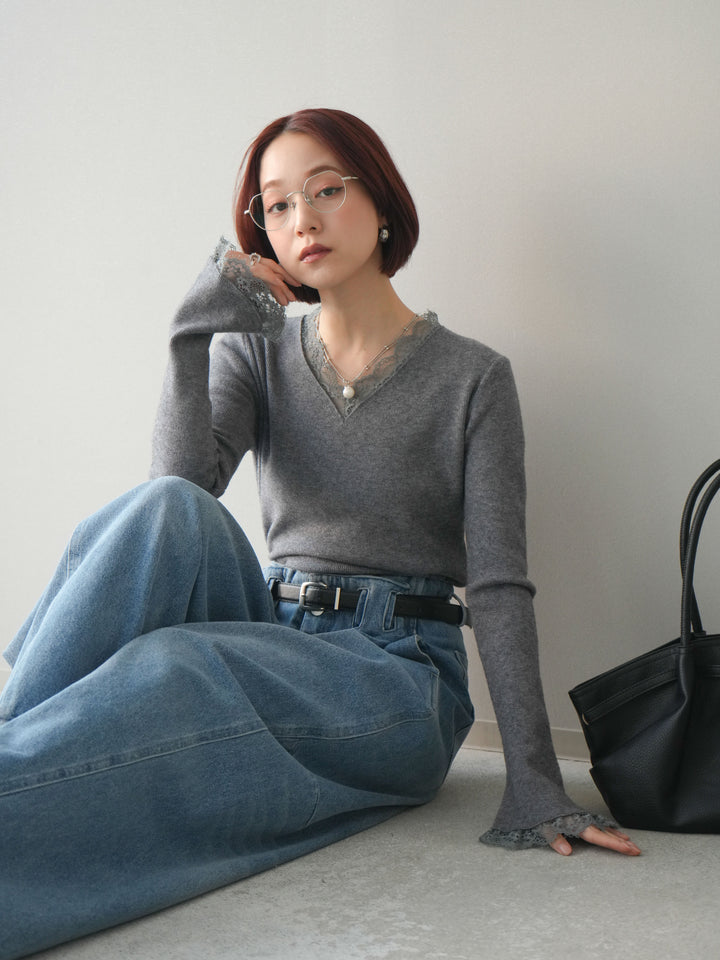 [SET]レースドッキングVネックニットトップス+ハイウエストベルトループデザインデニムパンツ(2set)