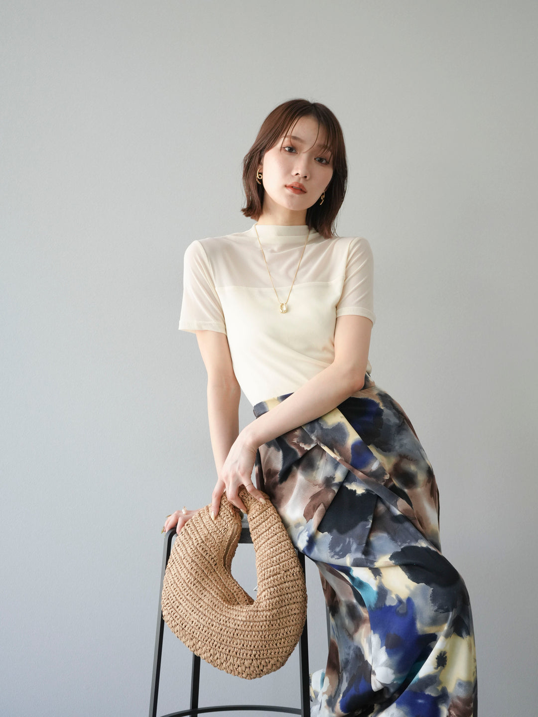 [SET] 透視半袖上衣 + 水彩印花褶襉I字裙 (2set)