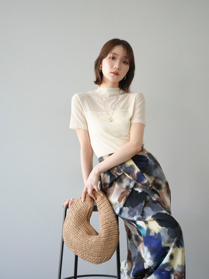 [SET] 透視半袖上衣 + 水彩印花褶襉I字裙 (2set)