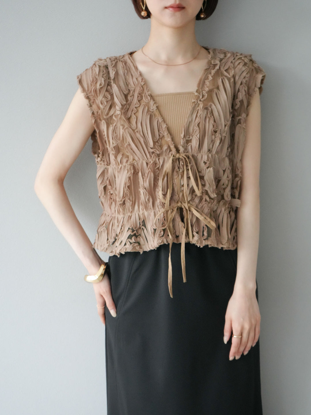 [予約]ジャガードレースリボントップス/ベージュ