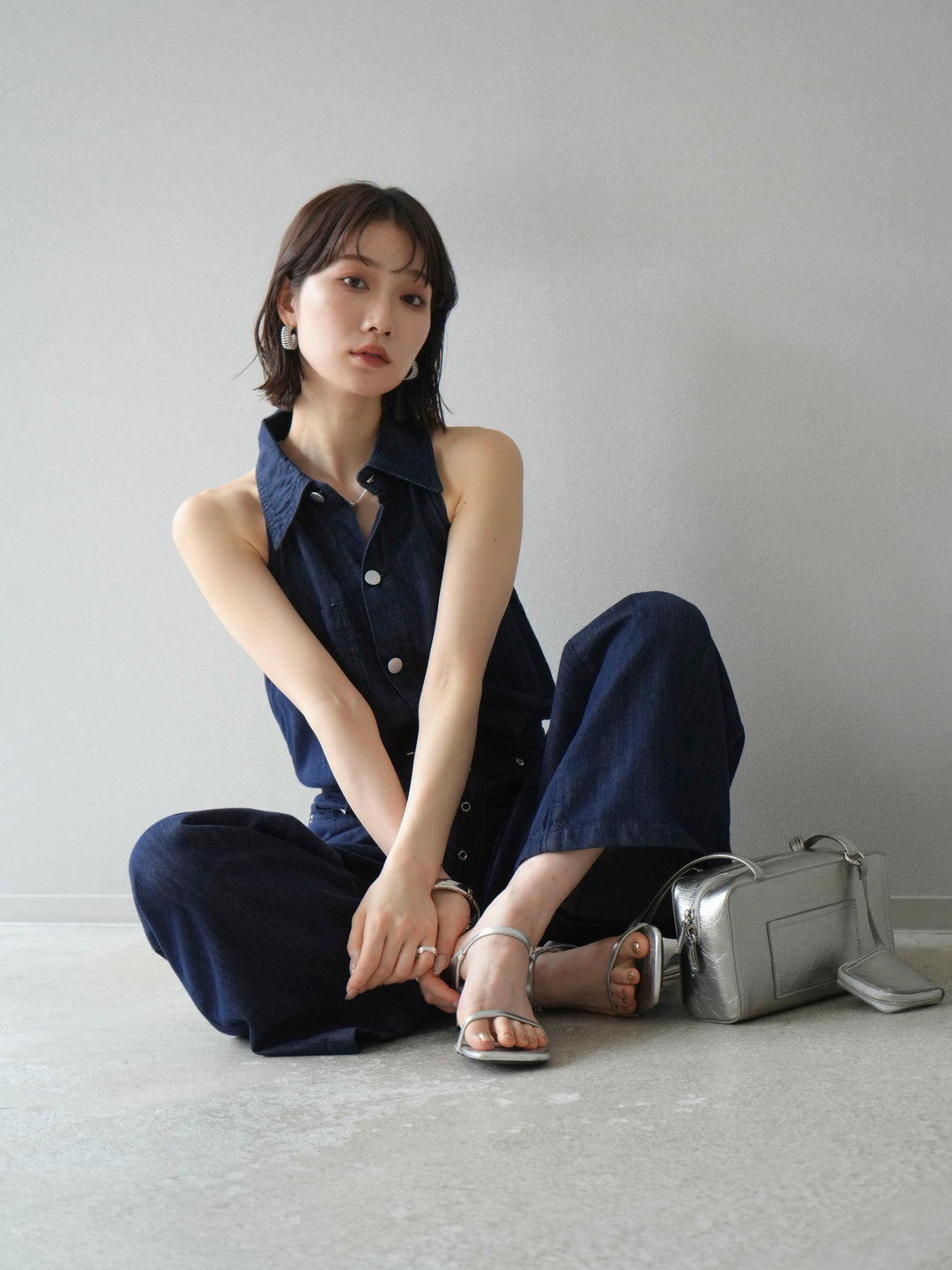 【預購】翻領牛仔連身衣/深藍色