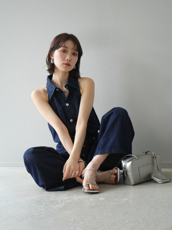 【預購】翻領牛仔連身衣/深藍色