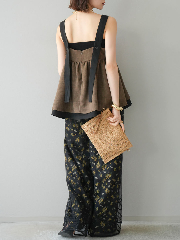 [SET]コード刺繍チュールレイヤードパンツ+ブーケプリントタックパンツ(2set)