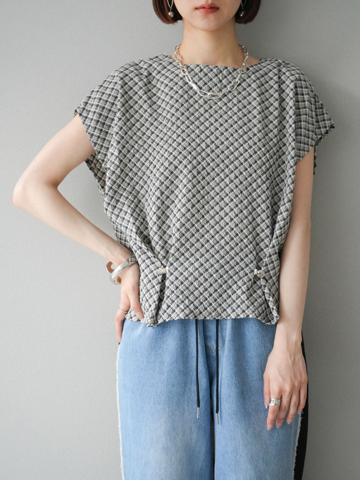 [予約]チェック柄タックデザインフレンチスリーブトップス/ブラウン
