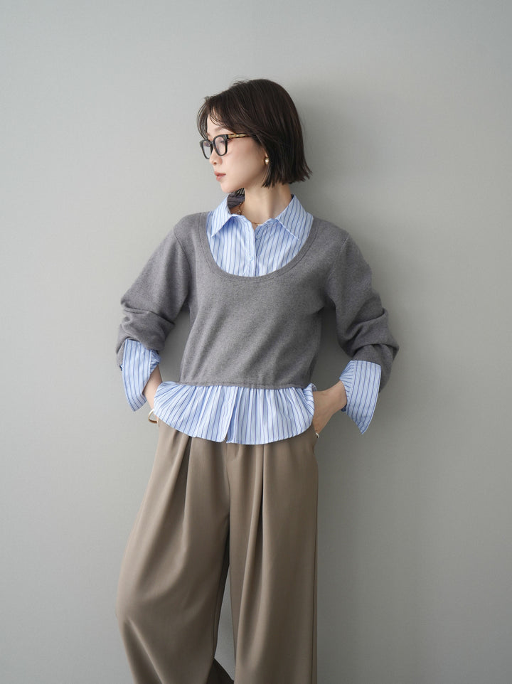[予約]ストライプシャツUネックドッキングニットプルオーバー/graybluestripeA