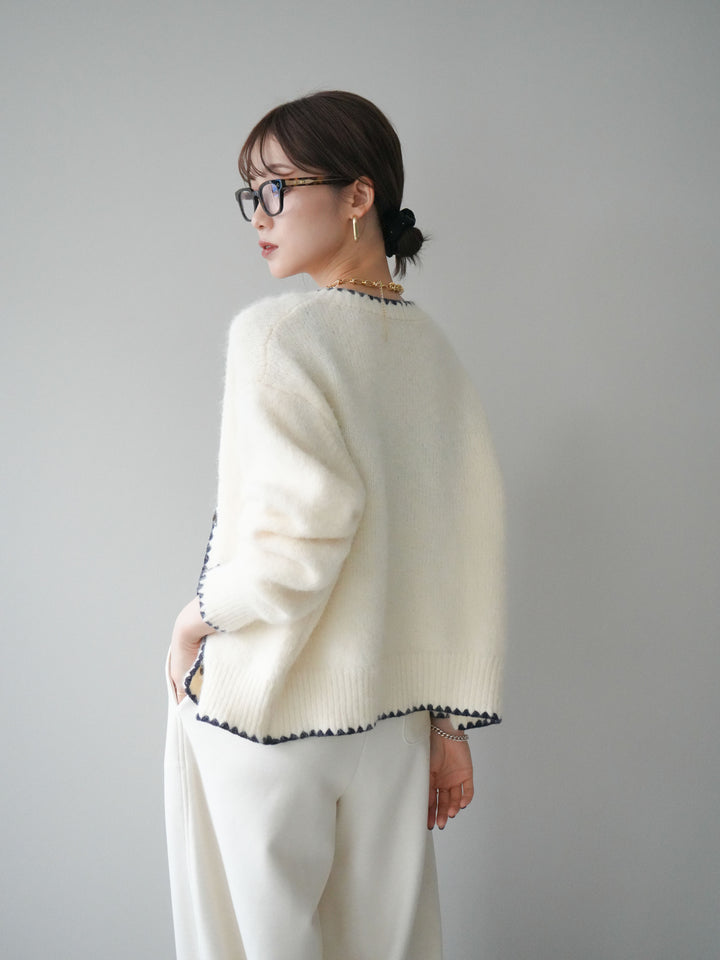 [SET]三角ステッチニットカーディガン+編み込みベルト付きウエスト配色スエットパンツ(2set)