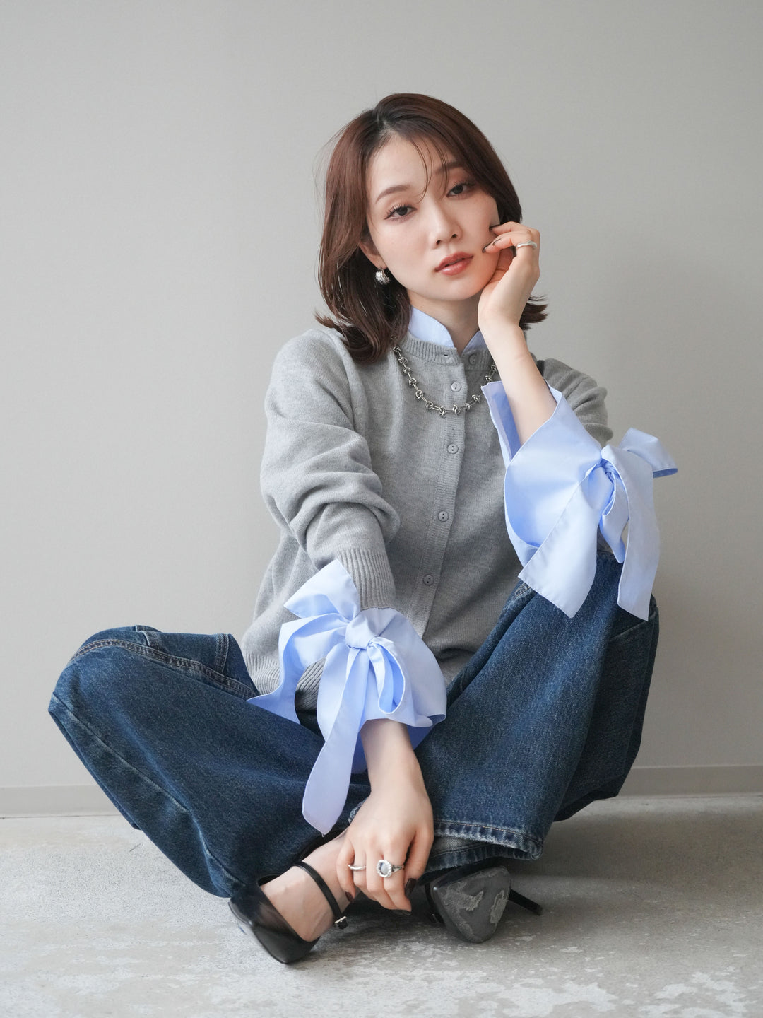 [予約]ウールライクリボンシャツカーディガン/gray