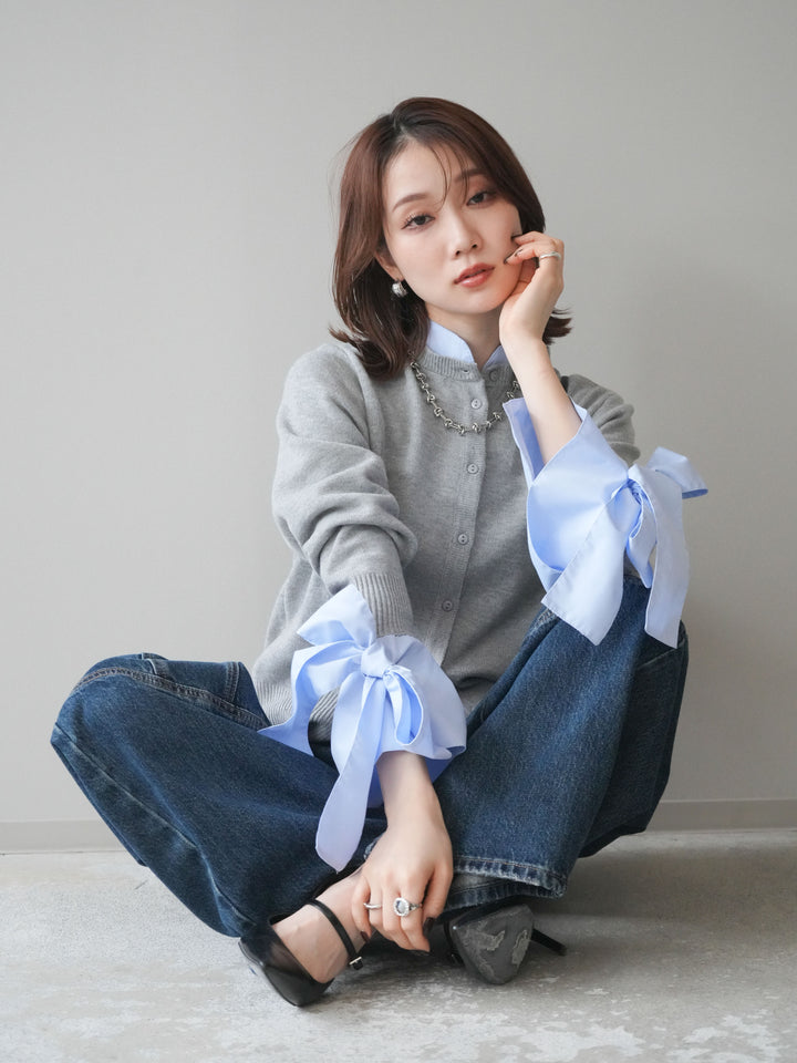 [予約]ウールライクリボンシャツカーディガン/gray