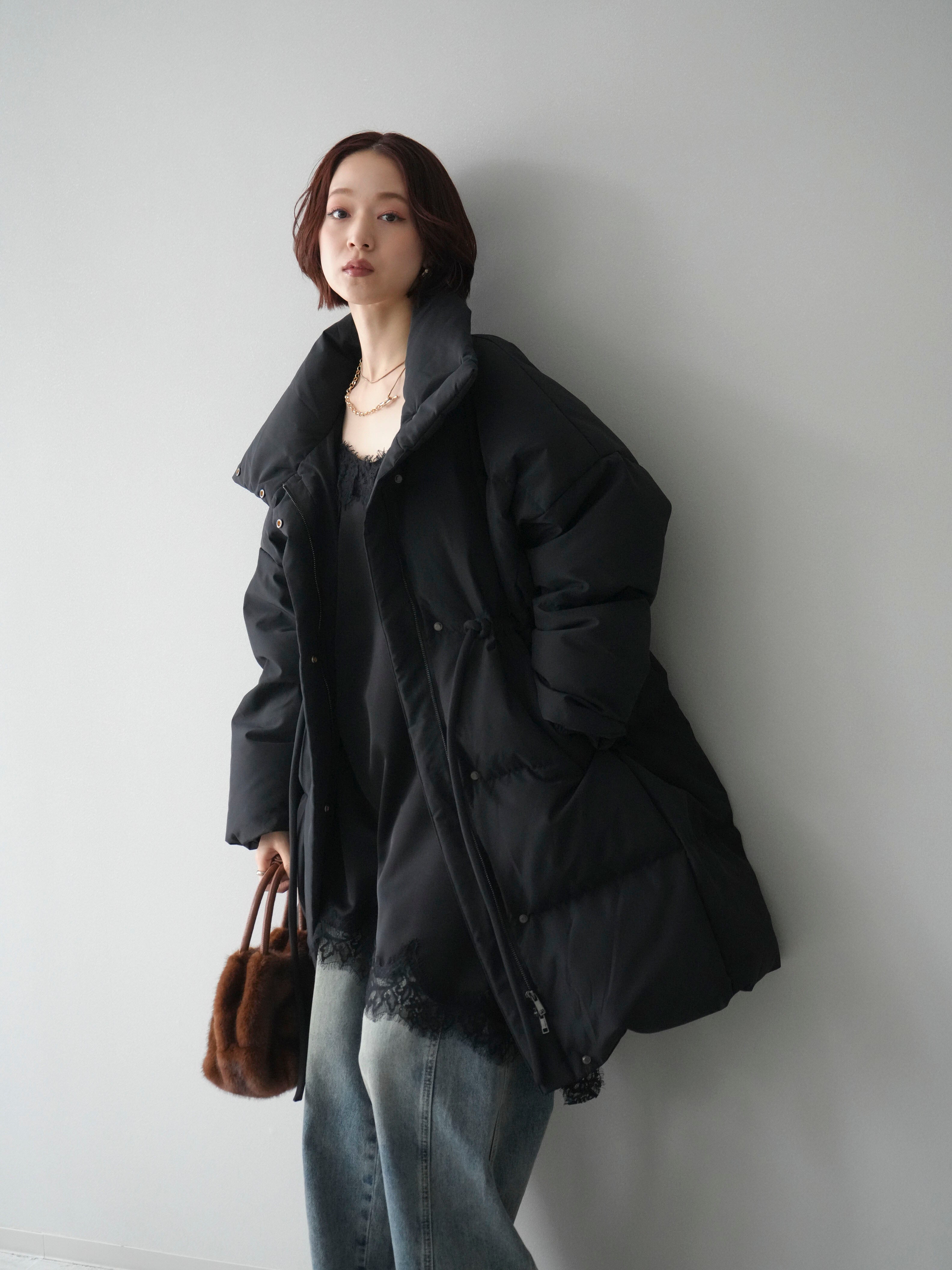 SET]スタンドカラーウエストベルトミドルダウンコート+アシンメトリー