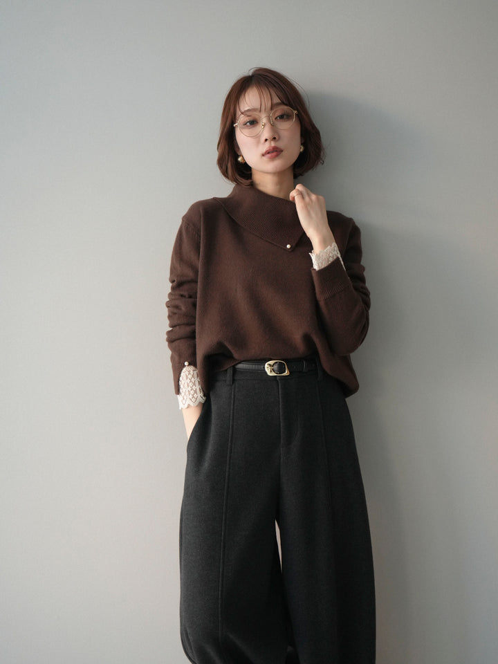 [SET]袖レースパール付き配色ニットトップス+ウールタッチカーブパンツ(2set)