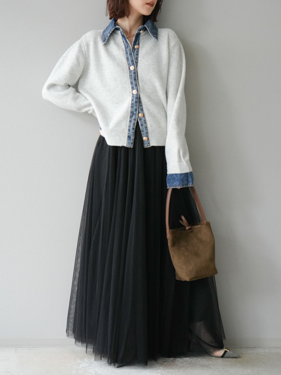[SET]デニム襟ボタンニットカーディガン+チュールボリュームスカート(2set)