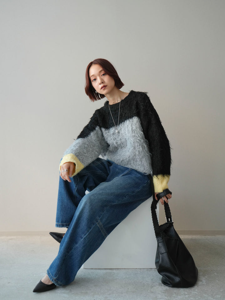 [SET]バイカラーモヘアタッチニットプルオーバー+裏起毛加工デニムカーブパンツ(2set)