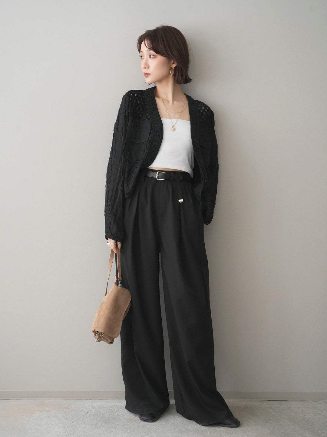 [SET]パッチワークシアーフリルブルゾン+カップ付テレコリブベアキャミソール+ベルト付キーホルダーモチーフワイドパンツ(3set)