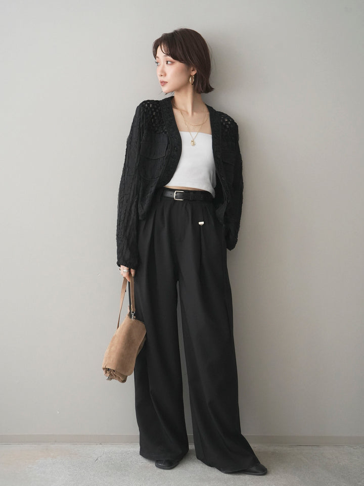 [SET]パッチワークシアーフリルブルゾン+カップ付テレコリブベアキャミソール+ベルト付キーホルダーモチーフワイドパンツ(3set)