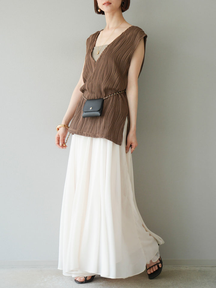 [SET]ウェーブパイピングVネックベスト+シフォンフレアスカート(2set)