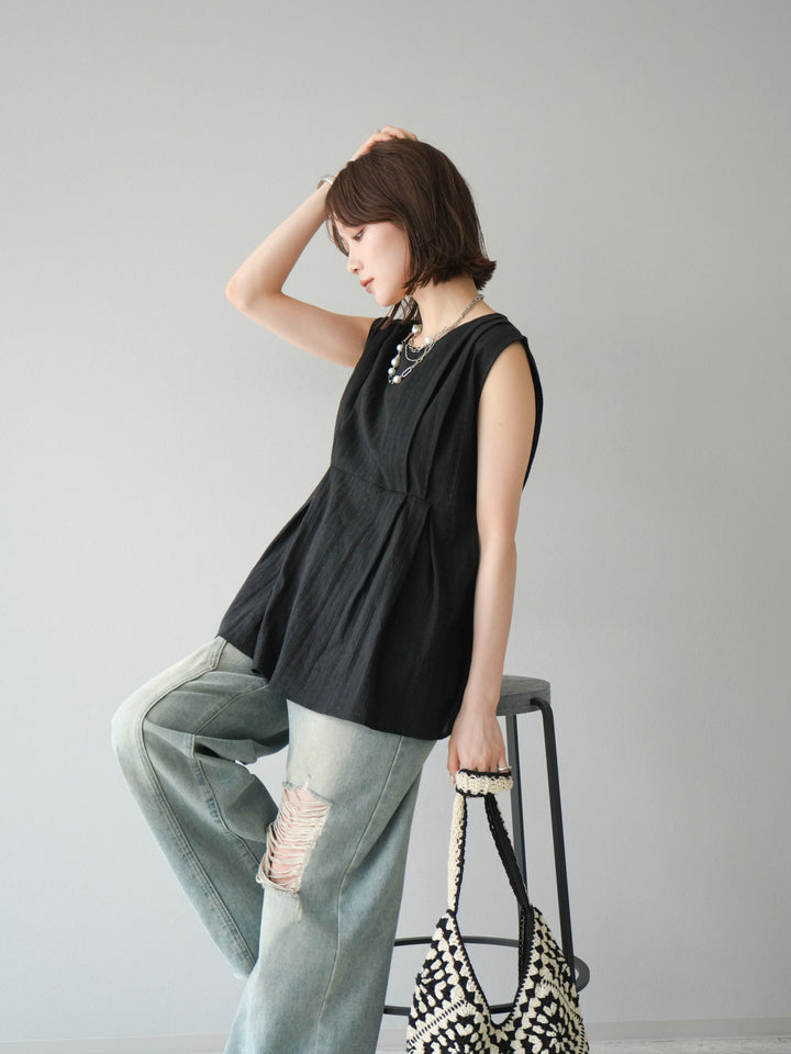 [予約]ドビーストライプタックブラウス/ブラック