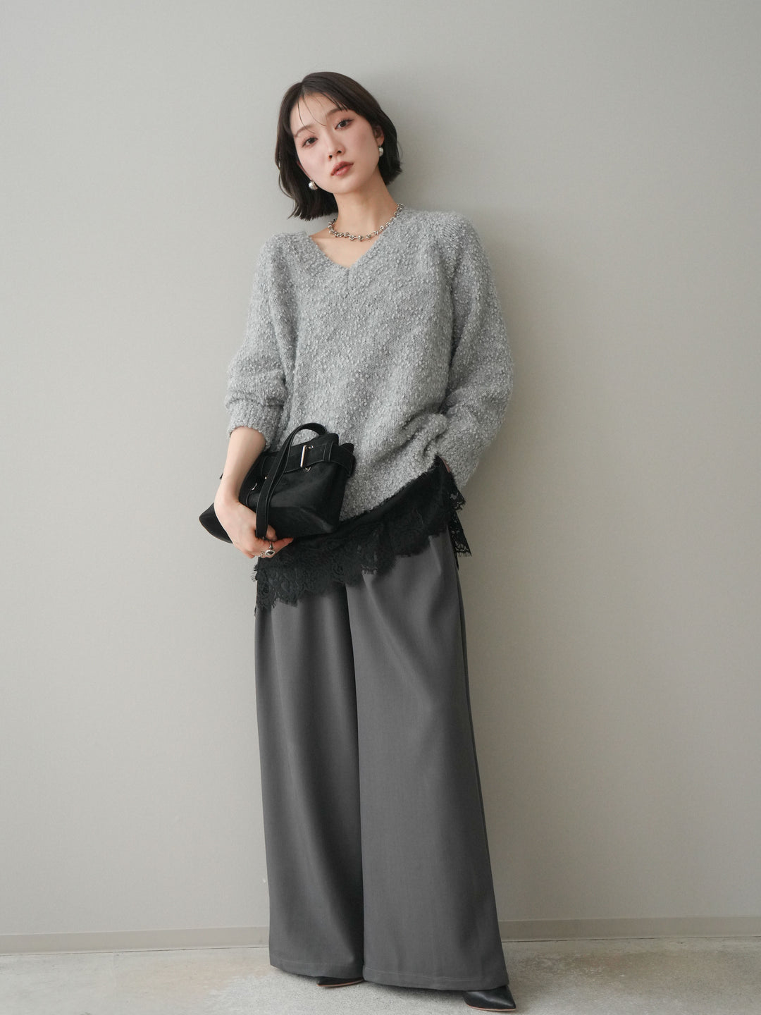 [予約]ウエストレースタックワイドパンツ/gray