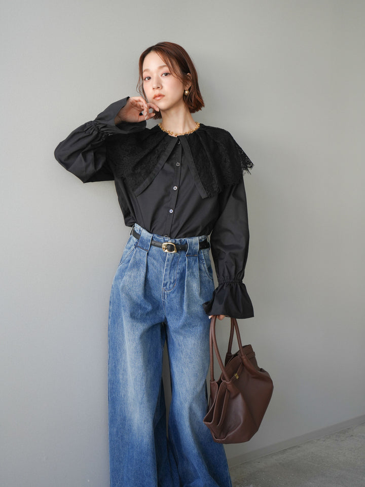 [予約]ビッグレースカラーブラウス/black