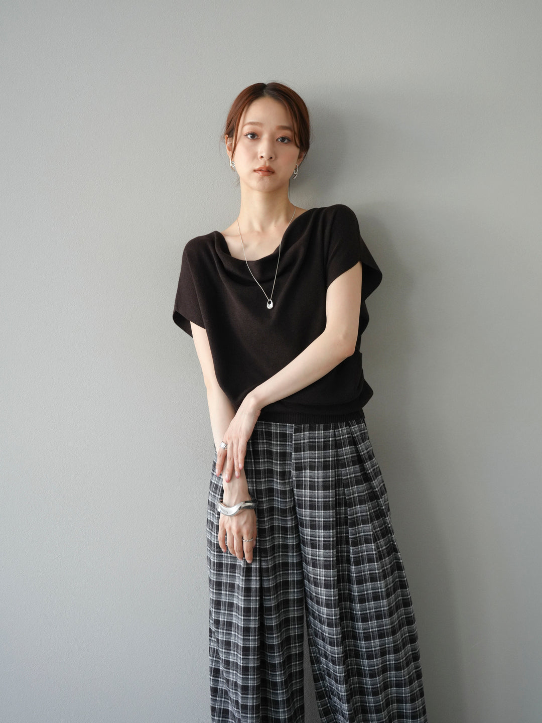 [予約]ドレープドルマンフレンチスリーブニットトップス/ブラウン