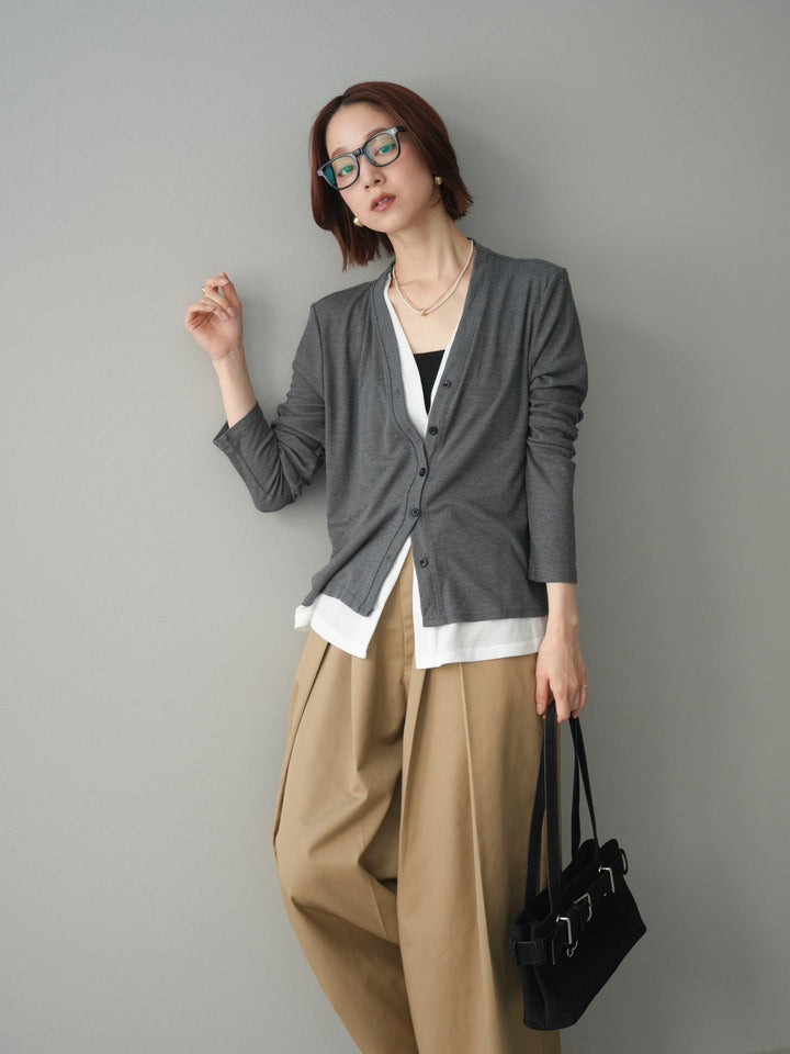 [予約]配色レイヤードカットリブカーディガン/gray