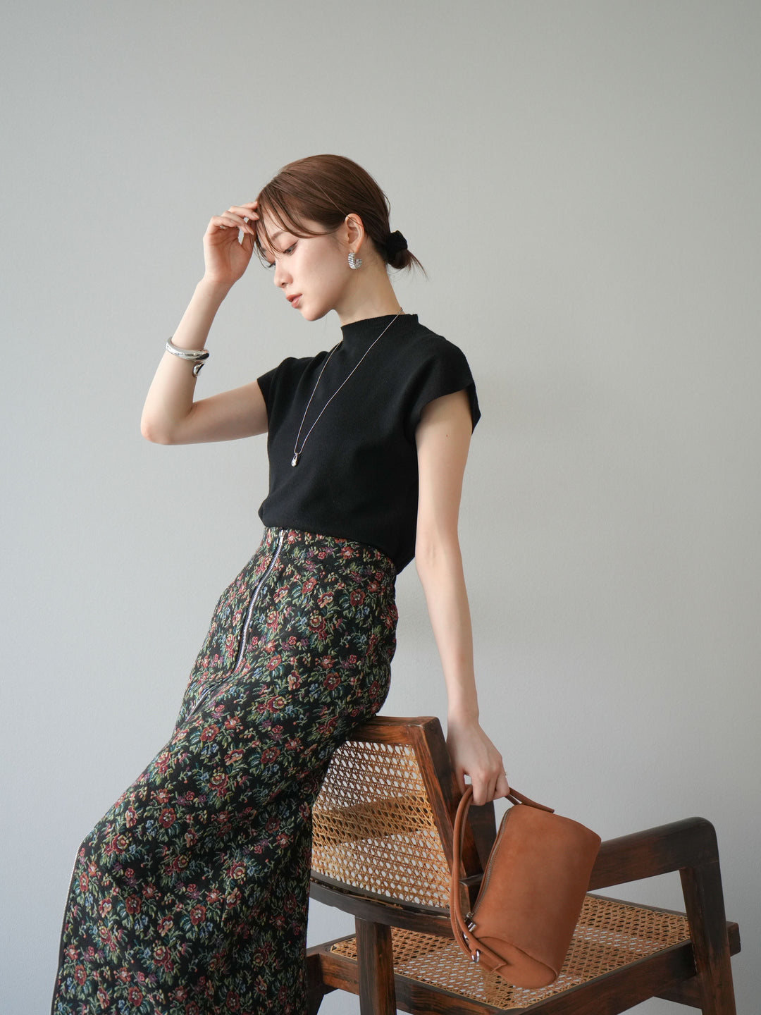 [予約]プチネックフレンチニットトップス/ブラック